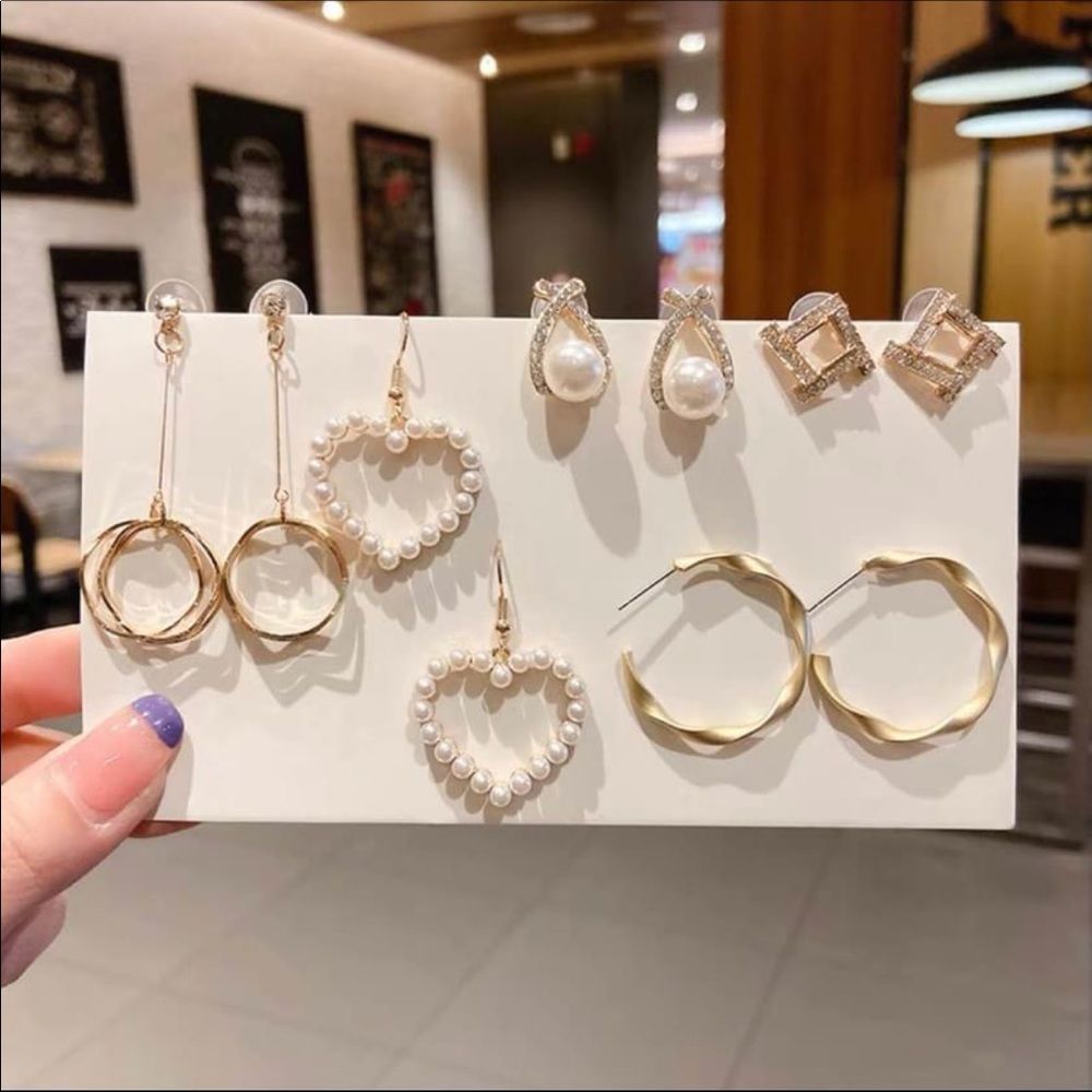 New set of 5 Gold plated dainty Pearl Studs, Dangle and drop earrings